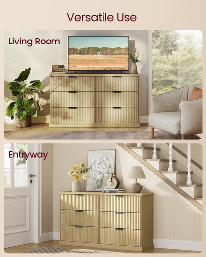 6-Drawer Dresser, Wavy Front, 54" Wide, Particleboard/MDF, Camel Yellow, Bedroom Storage