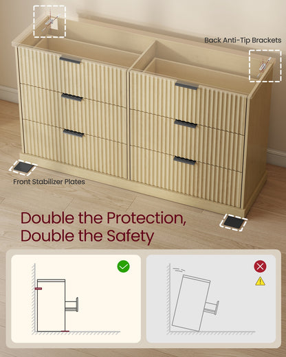 6-Drawer Dresser, Wavy Front, 54" Wide, Particleboard/MDF, Camel Yellow, Bedroom Storage