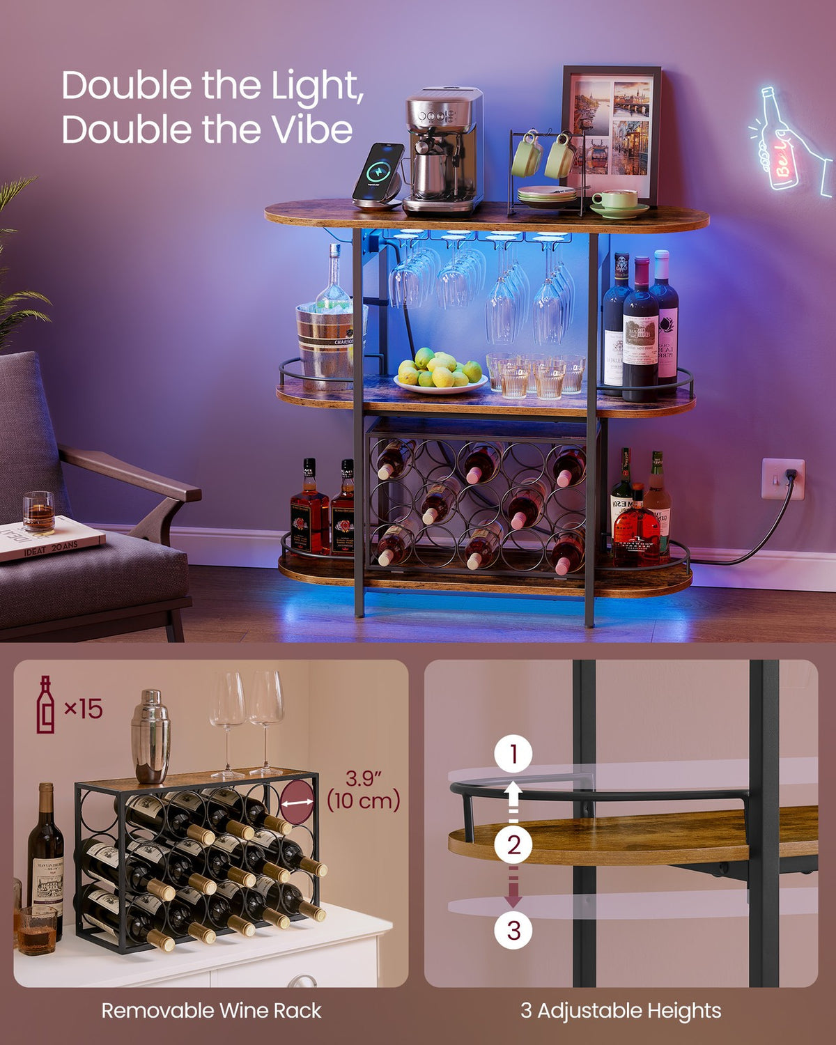 Bar Cabinet with LED Lights and Power Outlets