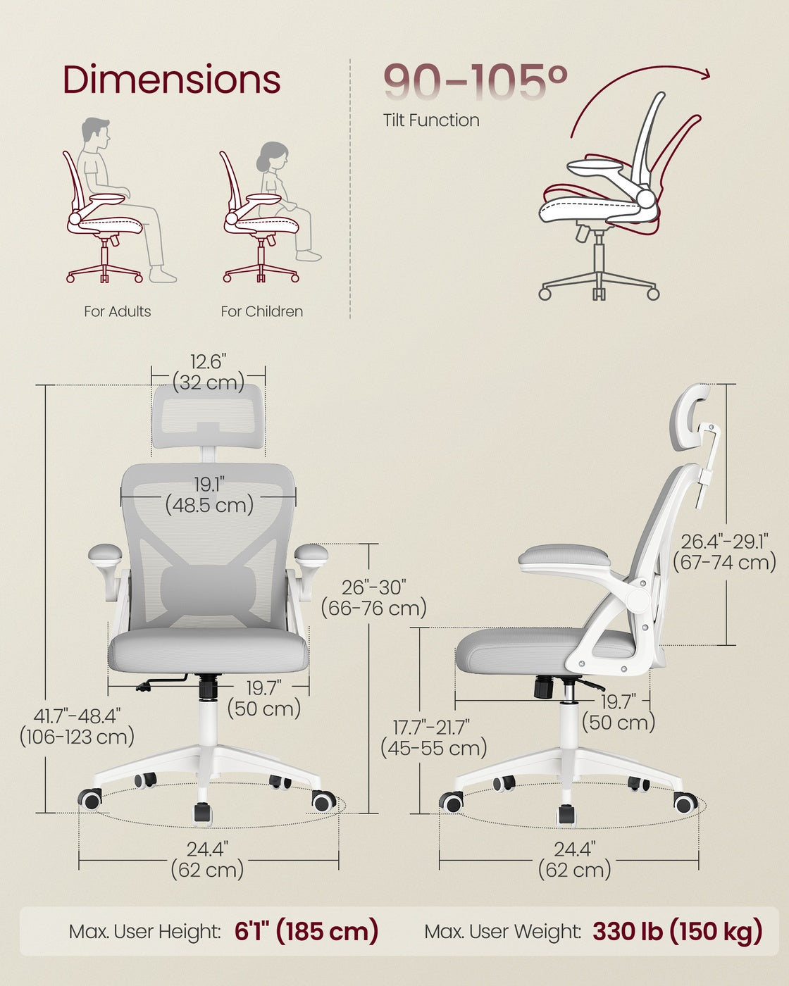 Office Chair, Ergonomic Mesh, Adjustable, Dove Gray - image 3