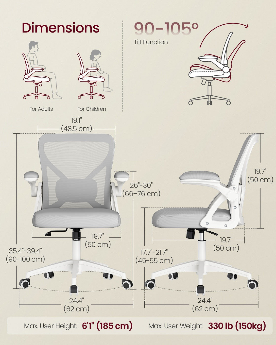 Office Chair, Ergonomic Mesh, Adjustable, Dove Gray - image 26