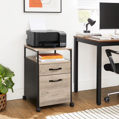 Rolling File Cabinet, Office Cabinet on Wheels, with 2 Drawers, Open Shelf, for A4, Letter Size, Hanging File Folders, Industrial Style, Greige and Black