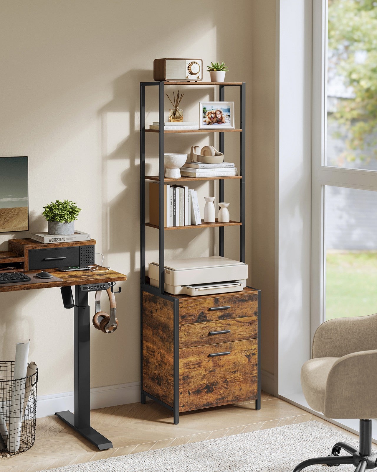 Home Office Filing Cabinet with Height-Adjustable Open Shelves - image 3