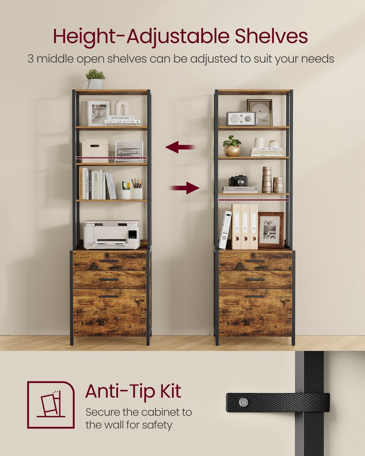 Home Office Filing Cabinet with Height-Adjustable Open Shelves - image 5
