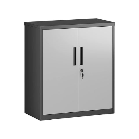 Steel Storage Cabinet, Office Cabinet with Storage Shelves and Double Doors, for Garage and Utility Room, Home Office, Black and Silver UOMC013S01
