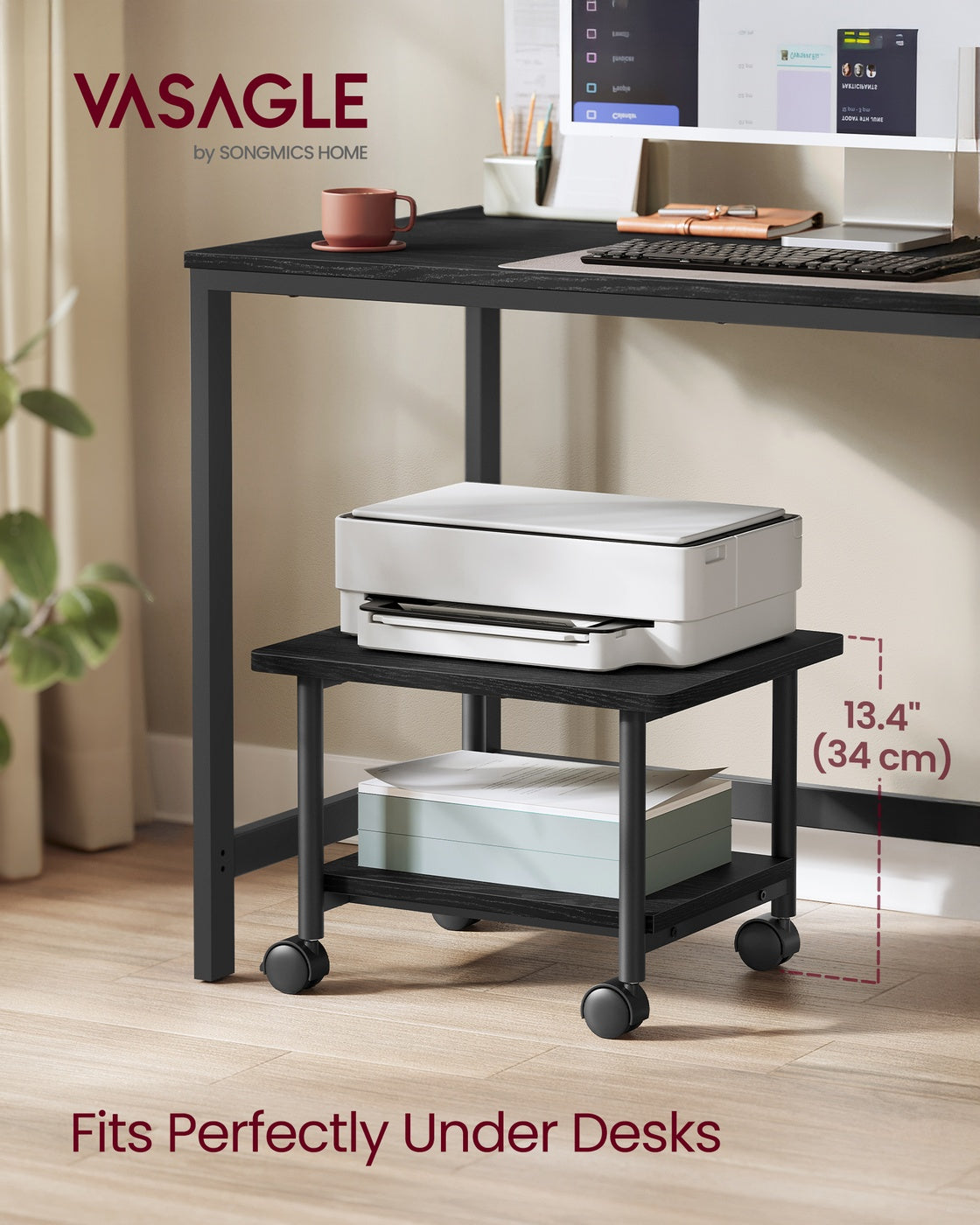 Under Desk Printer Stand and Mobile Machine Cart with Shelf Heavy Duty Storage Rack for Office Home Black