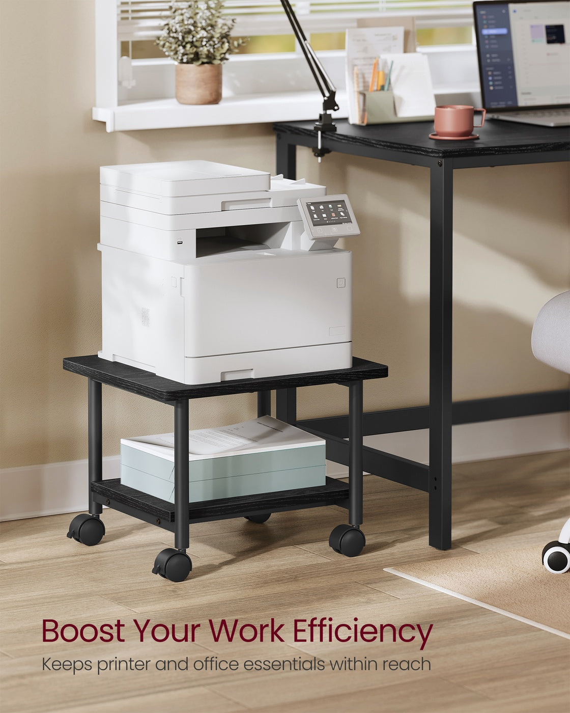 Under Desk Printer Stand and Mobile Machine Cart with Shelf Heavy Duty Storage Rack for Office Home Black