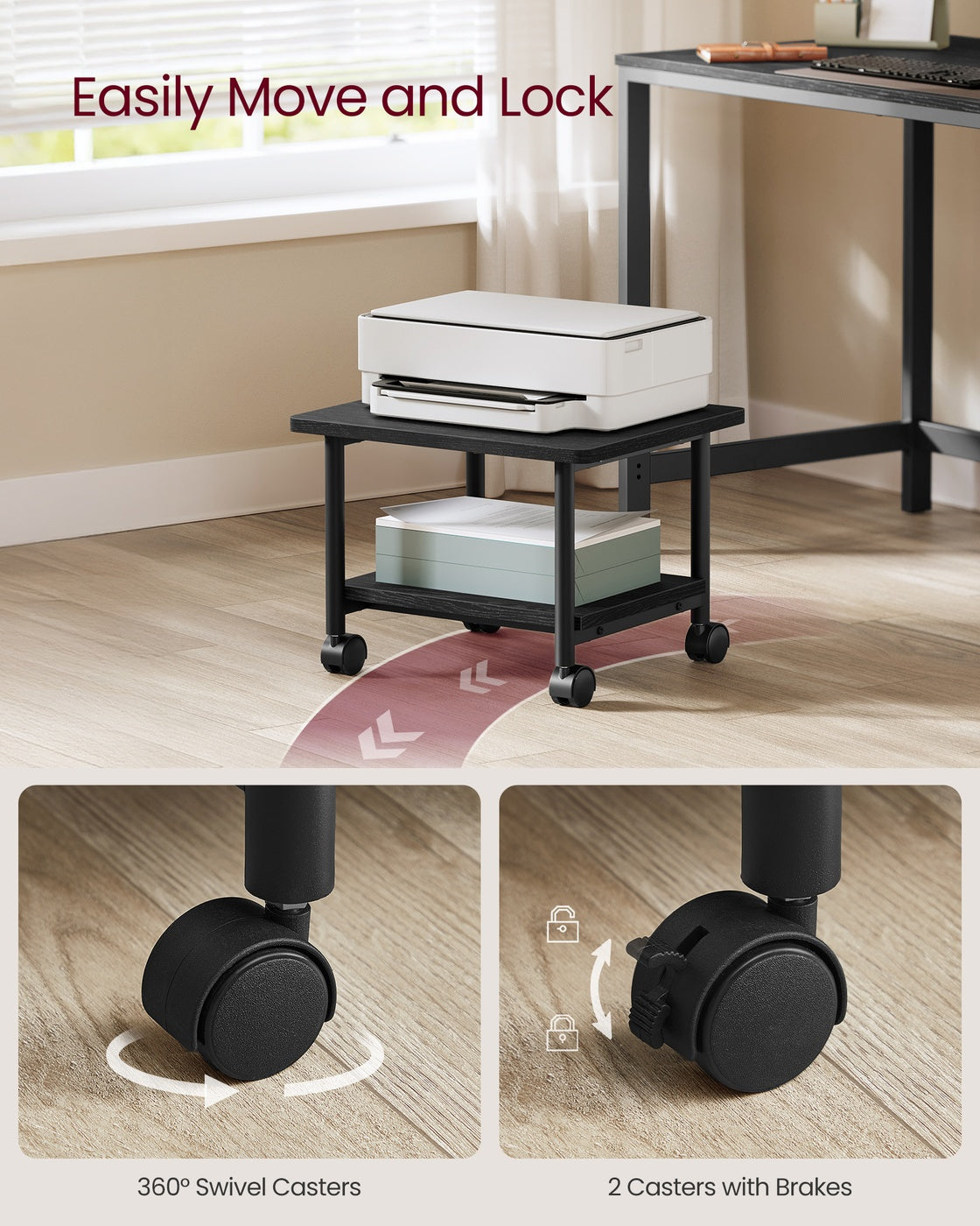 Under Desk Printer Stand and Mobile Machine Cart with Shelf Heavy Duty Storage Rack for Office Home Black