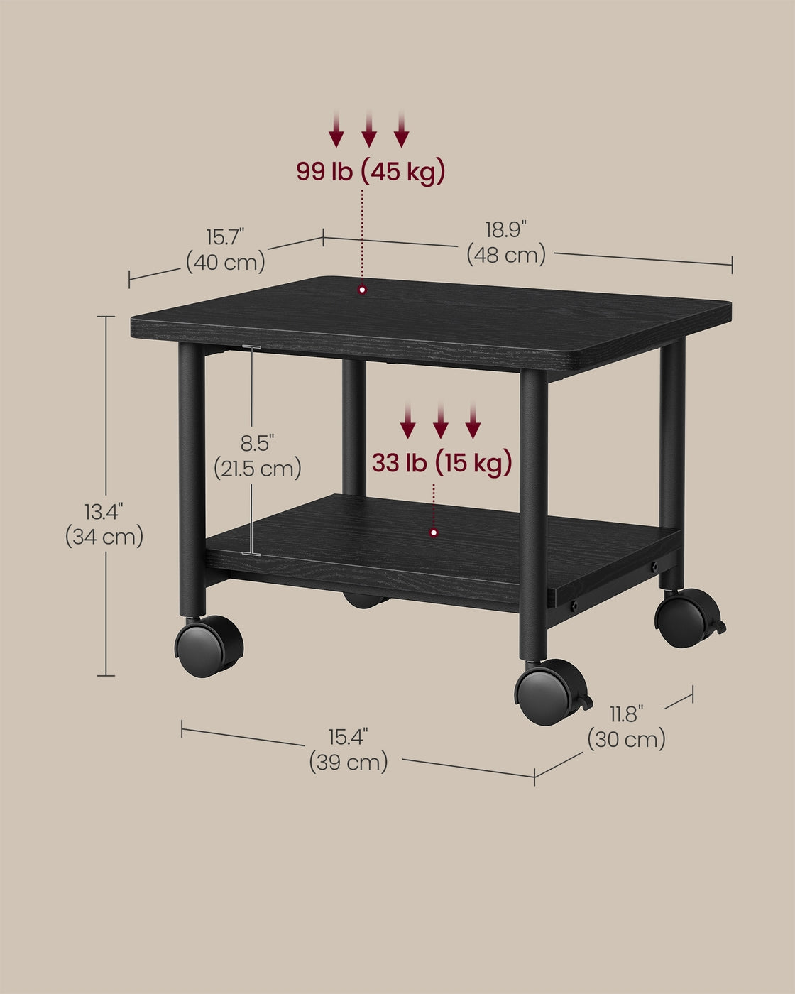 Under Desk Printer Stand and Mobile Machine Cart with Shelf Heavy Duty Storage Rack for Office Home Black