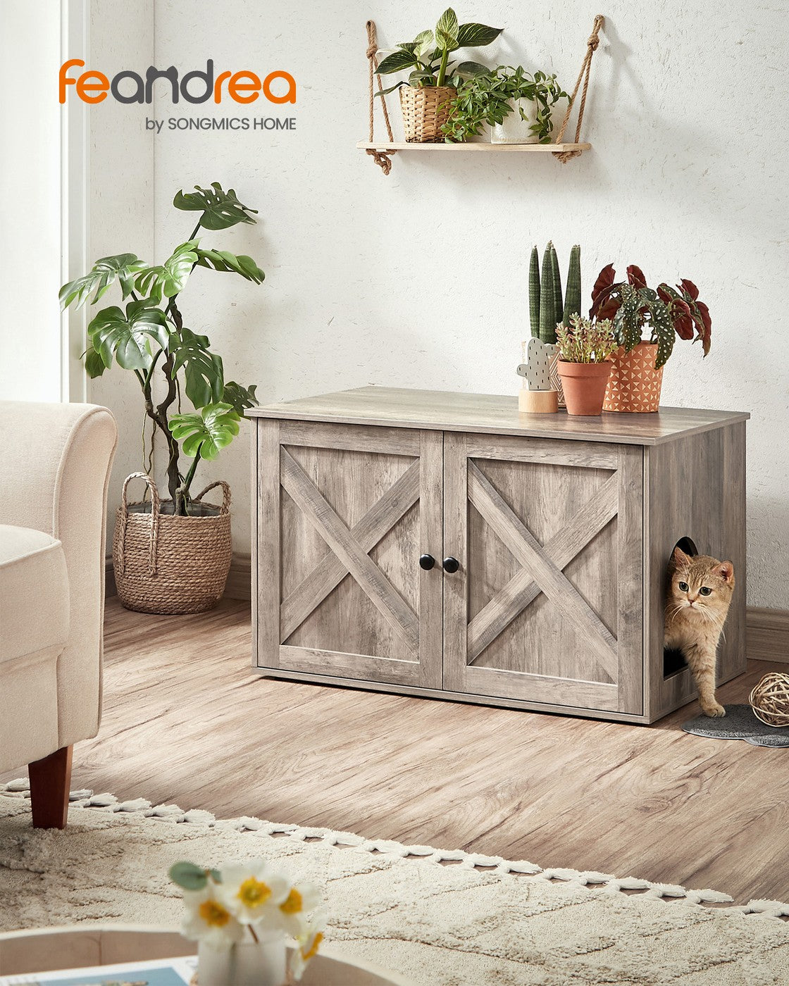 Hidden Cat Litter Box Enclosure, Wooden Cabinet Furniture, Cat Washroom with Doors