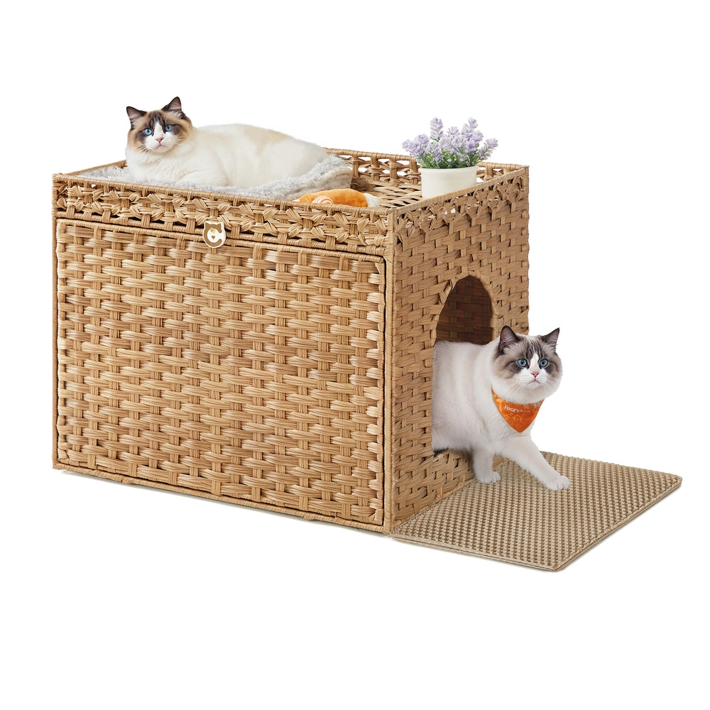 Cat Litter Box Enclosure, Handwoven Rattan Hidden Litter Box Furniture, Goose Yellow