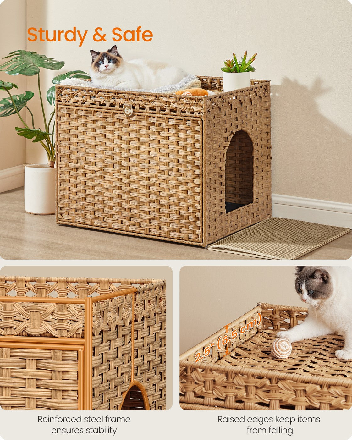 Cat Litter Box Enclosure, Handwoven Rattan Hidden Litter Box Furniture, Goose Yellow