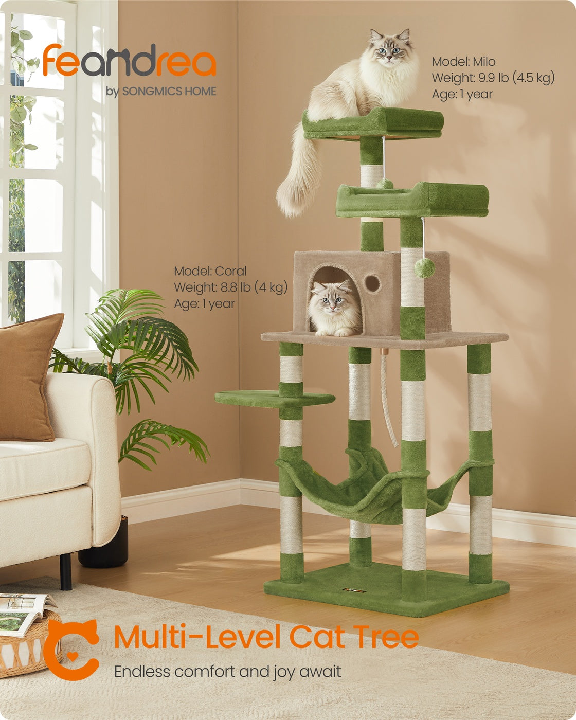56.3-Inch Cat Tree with Scratching Posts, Hammock, Plush Perch - image 11