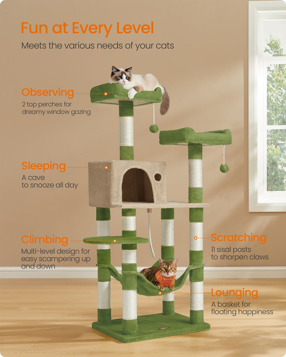 56.3-Inch Cat Tree with Scratching Posts, Hammock, Plush Perch - image 13