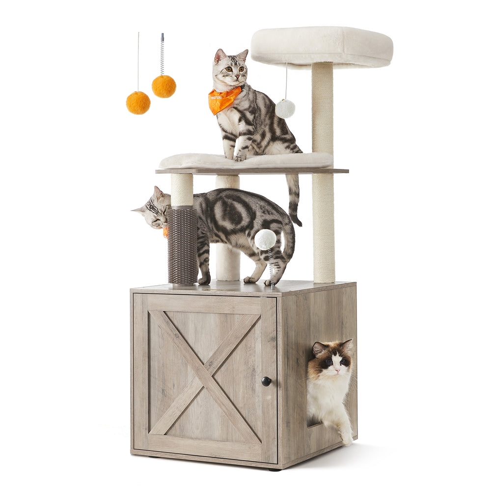 Cat Tree with Litter Box Enclosure Greige - image 1