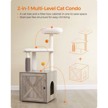 Cat Tree with Litter Box Enclosure Greige - image 3