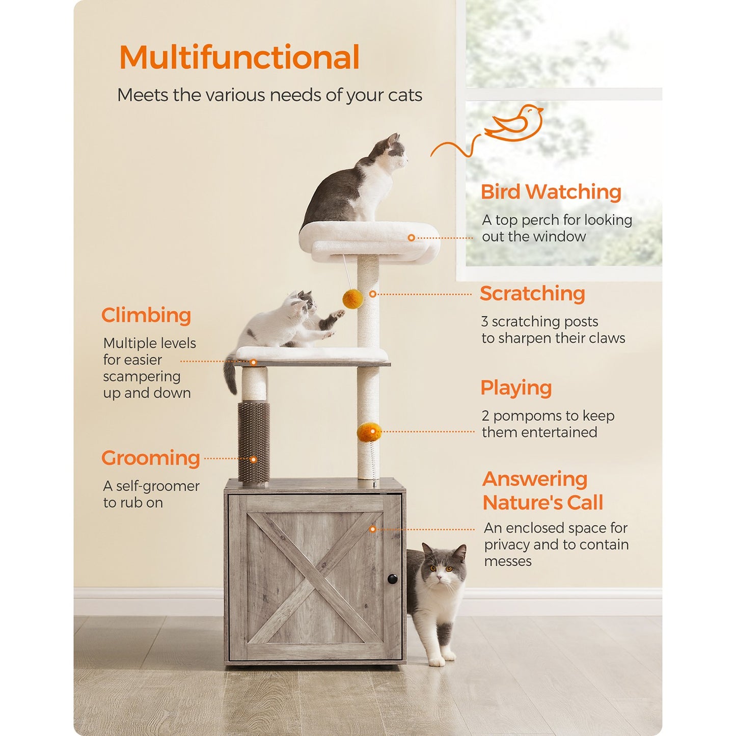 Cat Tree with Litter Box Enclosure Greige - image 4