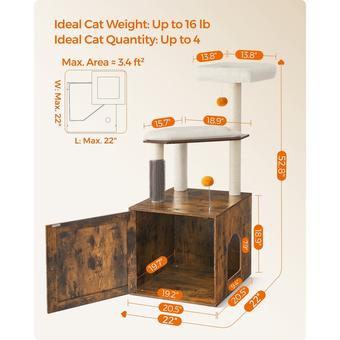 Cat Tree with Litter Box Enclosure Greige - image 15