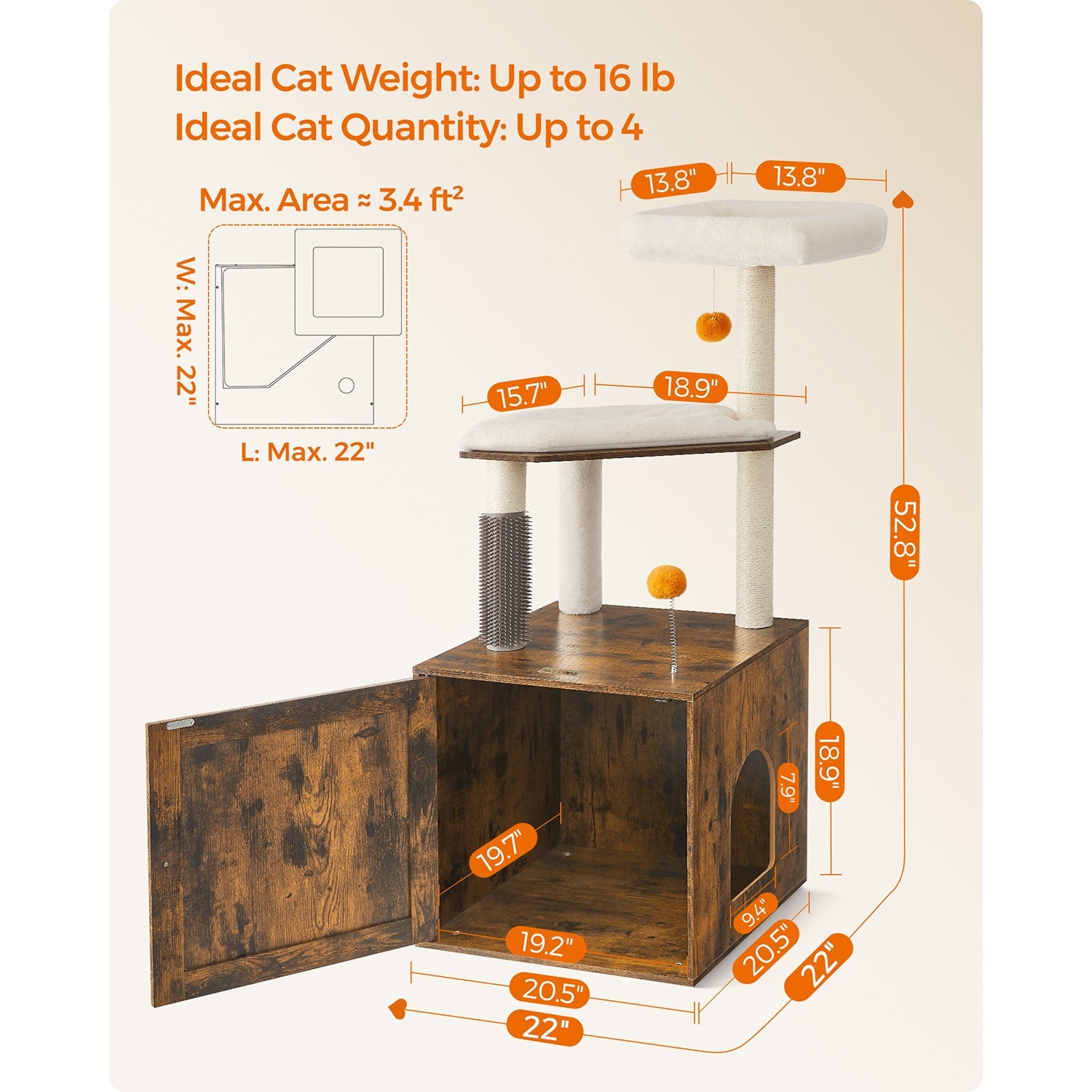 Cat Tree with Litter Box Enclosure Greige - image 15