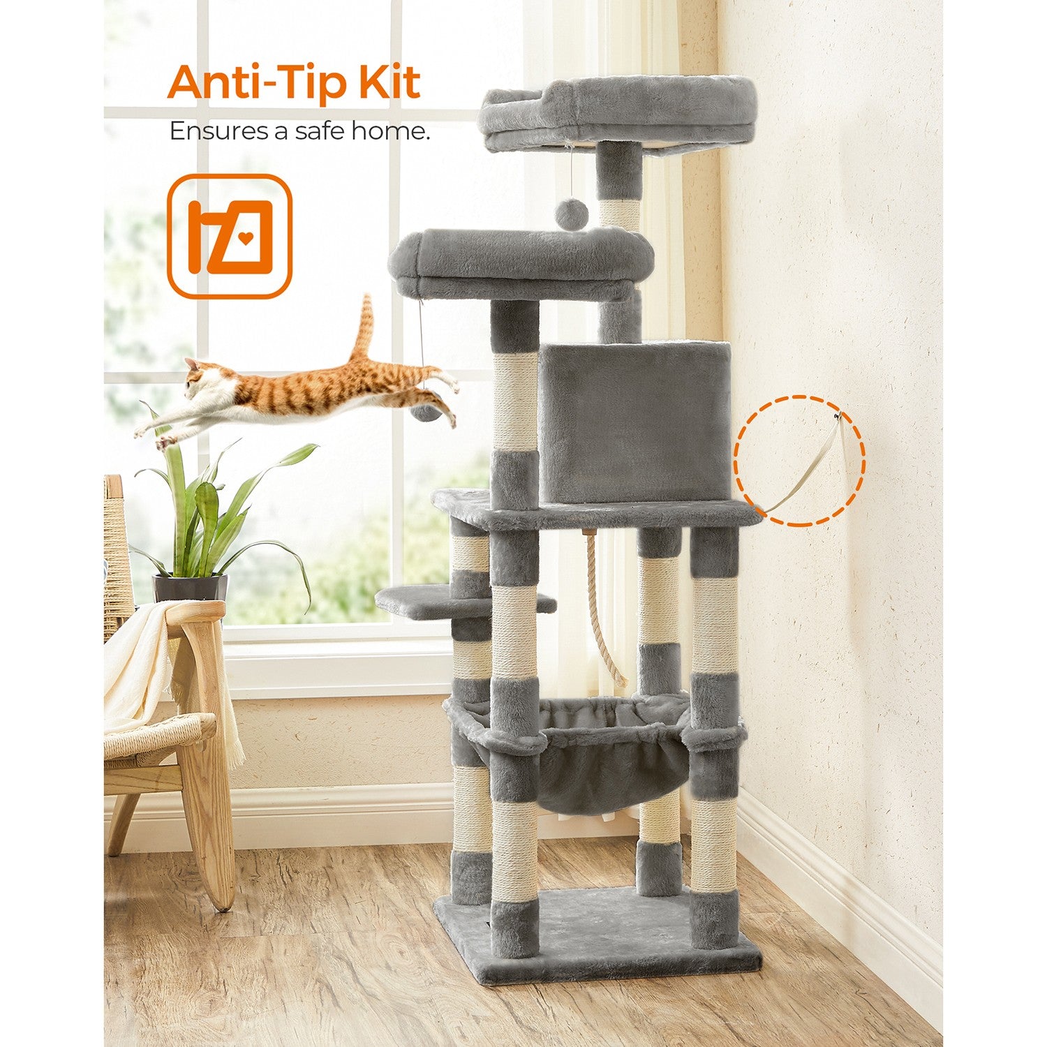 56.3-Inch Cat Tree with Scratching Posts, Hammock, Plush Perch - image 8
