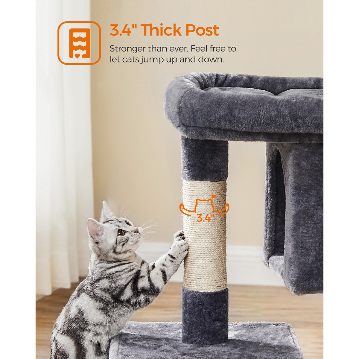 Cat Tree with Sisal-Covered Scratching Posts and 2 Plush Condos Cat Furniture for Kittens Light Gray