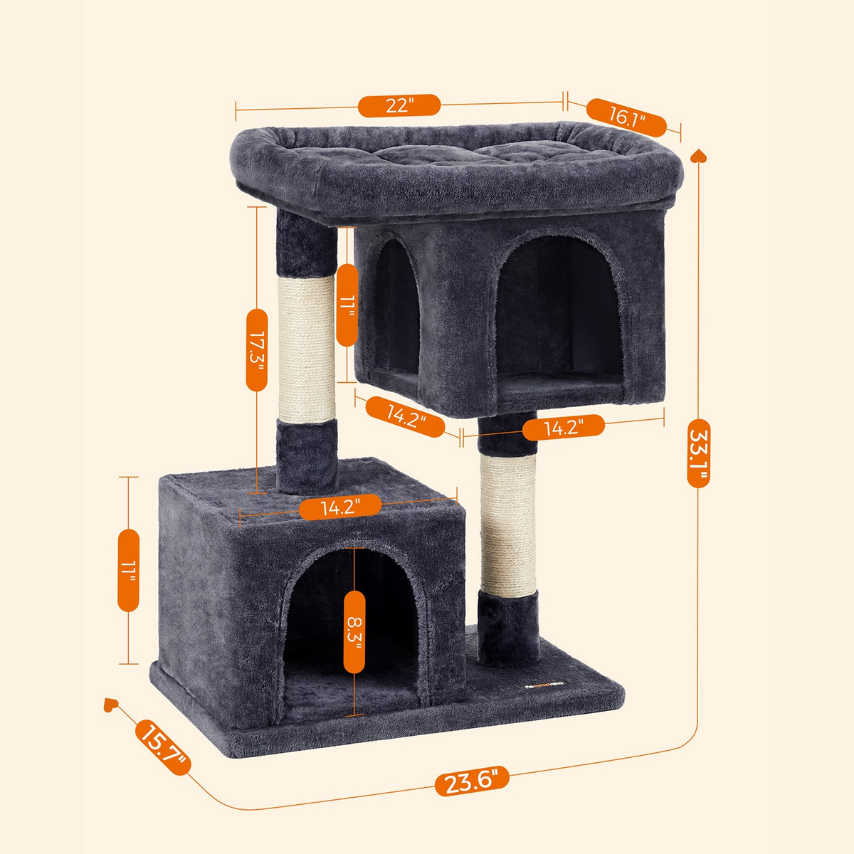 Cat Tree with Sisal-Covered Scratching Posts and 2 Plush Condos Cat Furniture for Kittens Light Gray