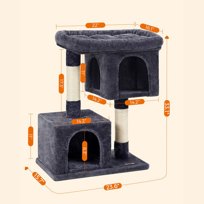 Cat Tree with Sisal-Covered Scratching Posts and 2 Plush Condos Cat Furniture for Kittens Light Gray