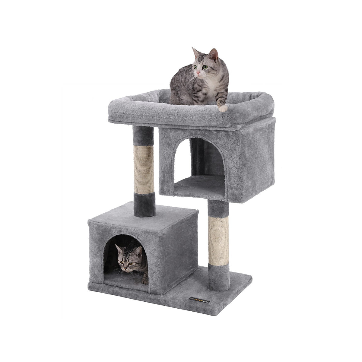 Cat Tree with Sisal-Covered Scratching Posts and 2 Plush Condos Cat Furniture for Kittens Light Gray