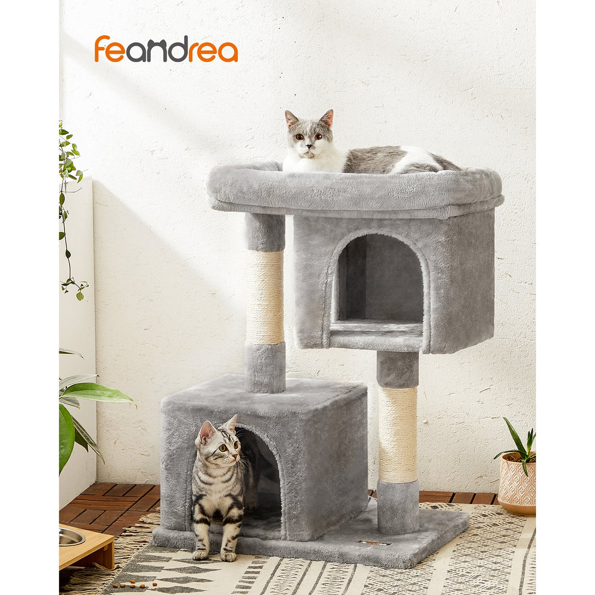 Cat Tree with Sisal-Covered Scratching Posts and 2 Plush Condos Cat Furniture for Kittens Light Gray