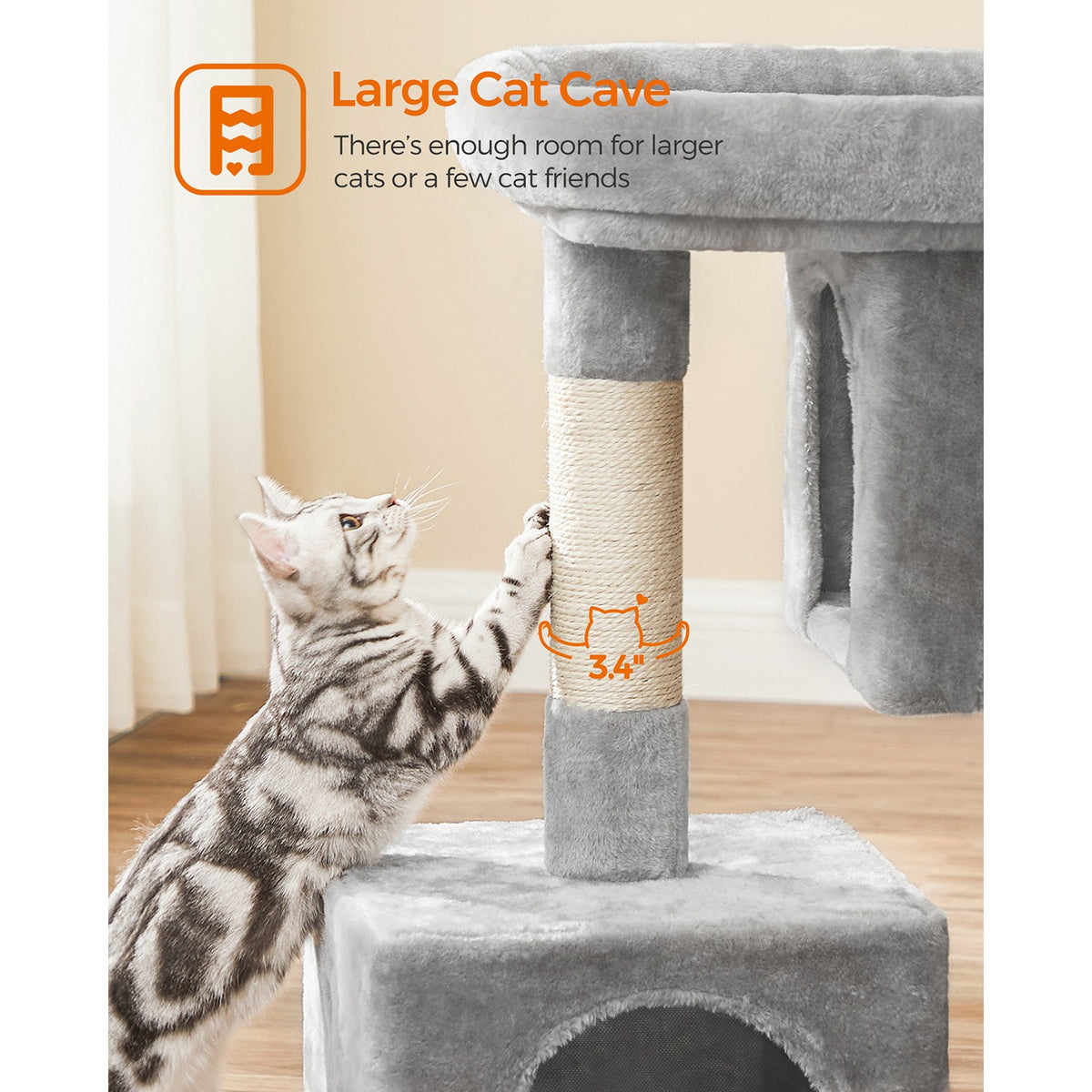 Cat Tree with Sisal-Covered Scratching Posts and 2 Plush Condos Cat Furniture for Kittens Light Gray