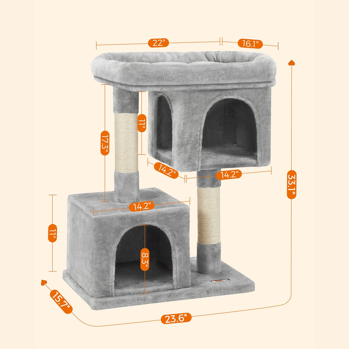 Cat Tree with Sisal-Covered Scratching Posts and 2 Plush Condos Cat Furniture for Kittens Light Gray