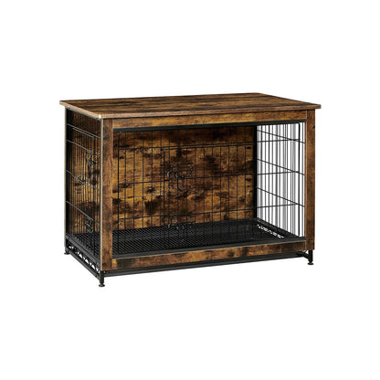 Wooden Dog Crate, Indoor Pet Crate End Table, Dog Furniture with Removable Tray, Rustic Brown and Black