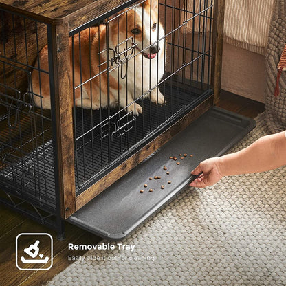 Wooden Dog Crate, Indoor Pet Crate End Table, Dog Furniture with Removable Tray, Rustic Brown and Black
