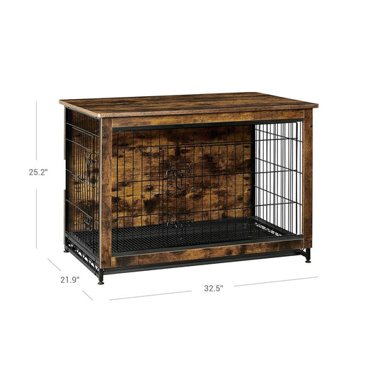 Wooden Dog Crate, Indoor Pet Crate End Table, Dog Furniture with Removable Tray, Rustic Brown and Black