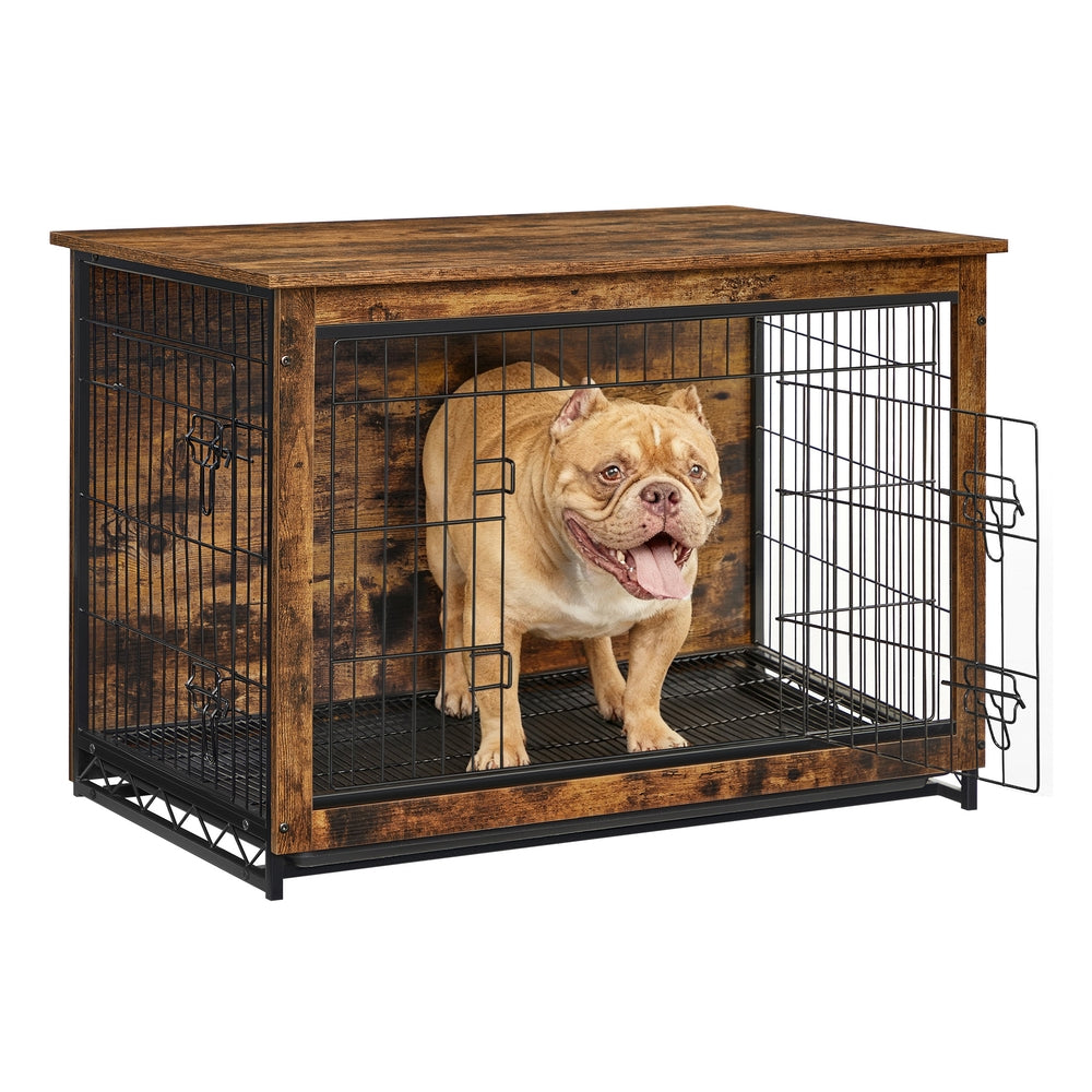 Wooden Dog Crate, Indoor Pet Crate End Table, Dog Furniture with Removable Tray, Large, Rustic Brown and Black - image 1