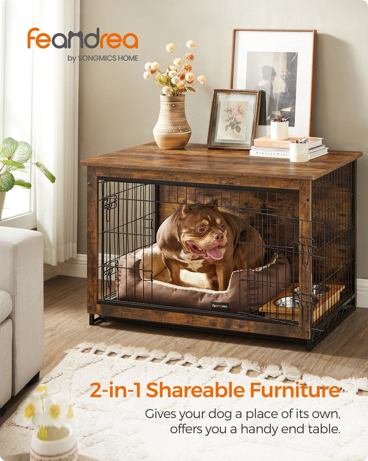 Wooden Dog Crate, Indoor Pet Crate End Table, Dog Furniture with Removable Tray, Large, Rustic Brown and Black - image 2