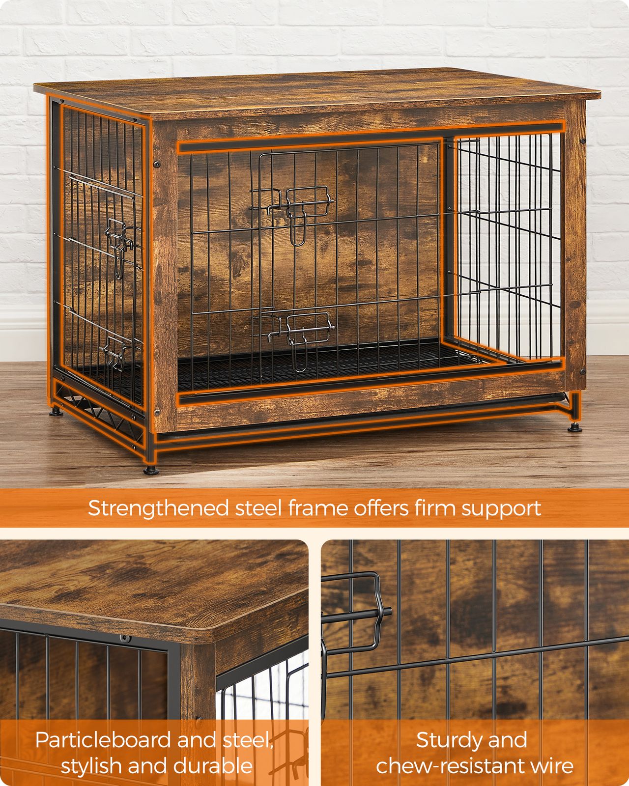 Wooden Dog Crate, Indoor Pet Crate End Table, Dog Furniture with Removable Tray, Large, Rustic Brown and Black - image 3