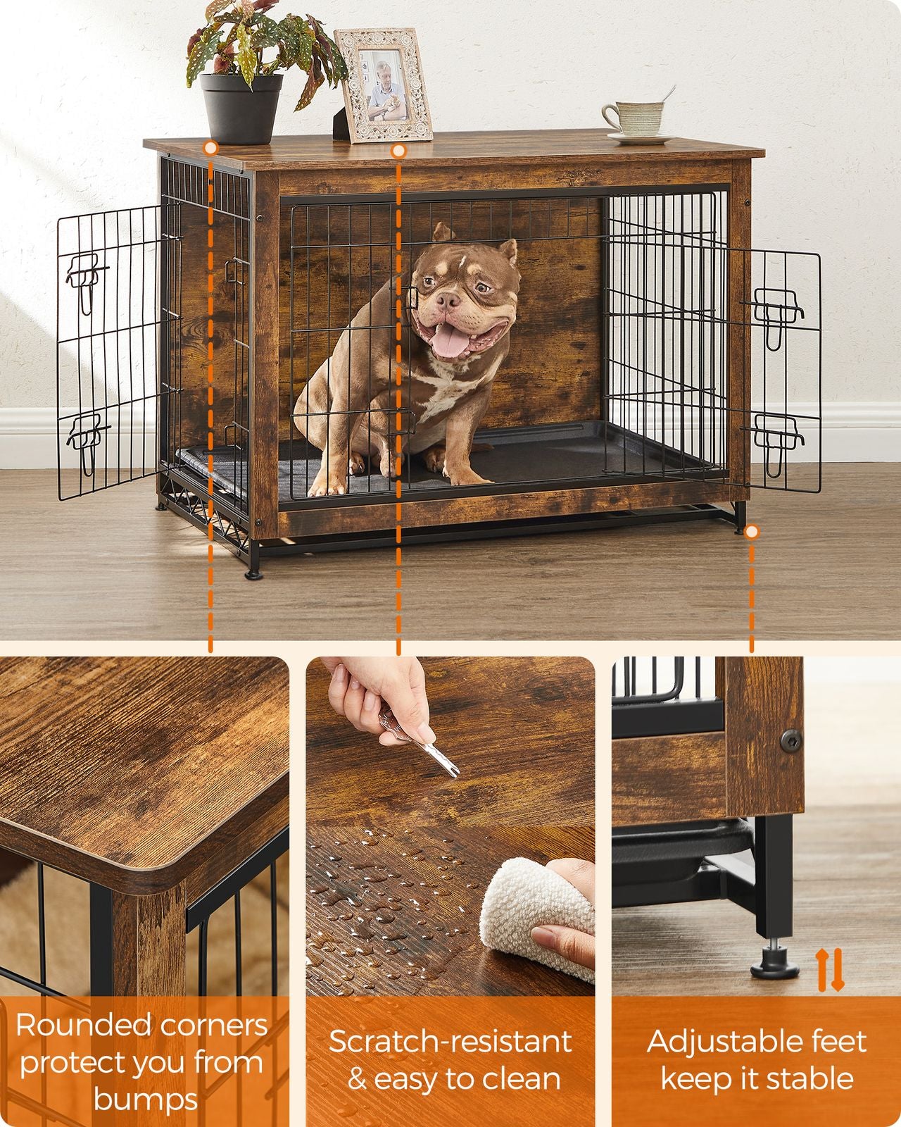 Wooden Dog Crate, Indoor Pet Crate End Table, Dog Furniture with Removable Tray, Large, Rustic Brown and Black - image 9