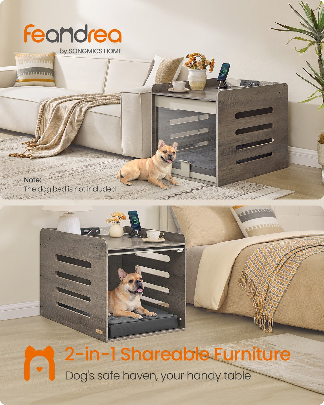 Modern Dog Crate Furniture with Charging Station, Heather Greige