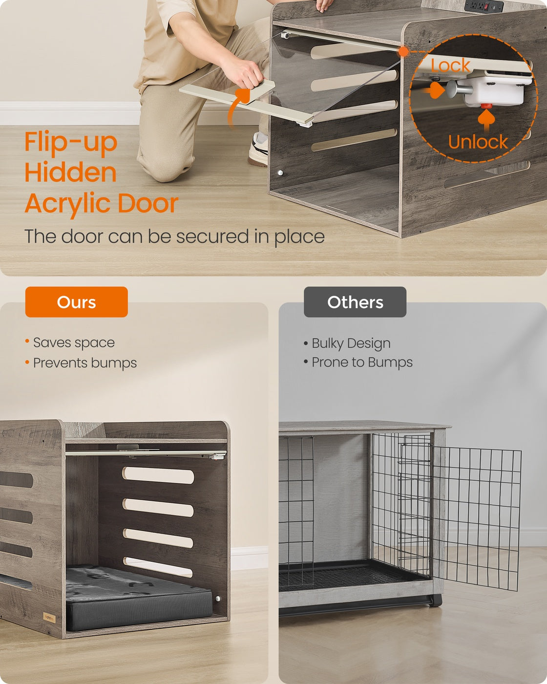 Modern Dog Crate Furniture with Charging Station, Heather Greige