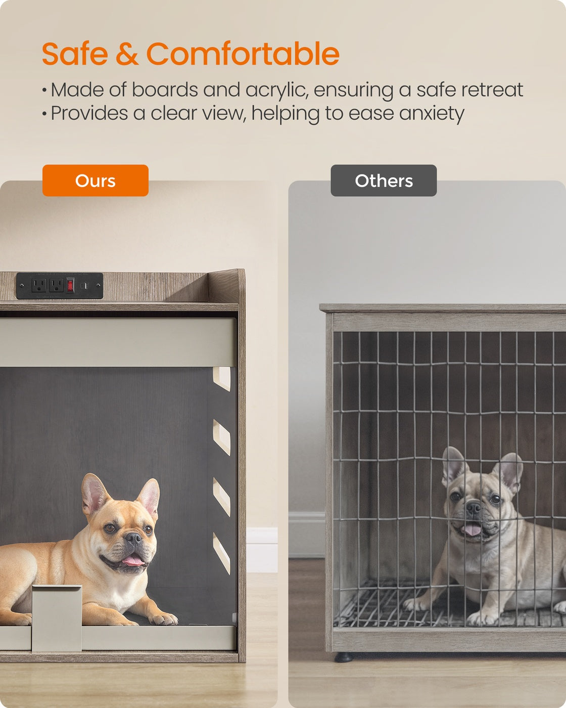 Modern Dog Crate Furniture with Charging Station, Heather Greige