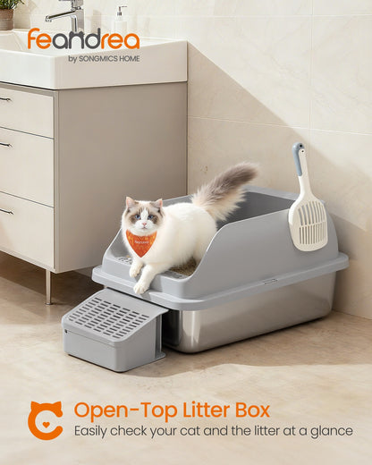 Stainless Steel Cat Litter Box with Open Top Dove Gray