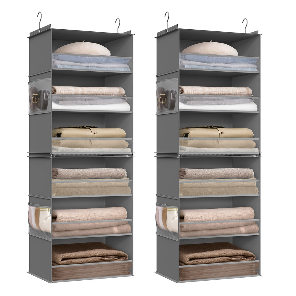 Set of 2 Hanging Closet Organizers, 6-Tier Fabric Storage Shelf, Separable Closet Hanging Shelf with Side Pockets, Foldable, Metal Hooks and Bamboo Inserts, Dove Gray