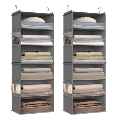 Set of 2 Hanging Closet Organizers, 6-Tier Fabric Storage Shelf, Separable Closet Hanging Shelf with Side Pockets, Foldable, Metal Hooks and Bamboo Inserts, Dove Gray