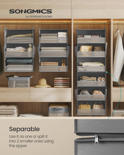 Set of 2 Hanging Closet Organizers, 6-Tier Fabric Storage Shelf, Separable Closet Hanging Shelf with Side Pockets, Foldable, Metal Hooks and Bamboo Inserts, Dove Gray