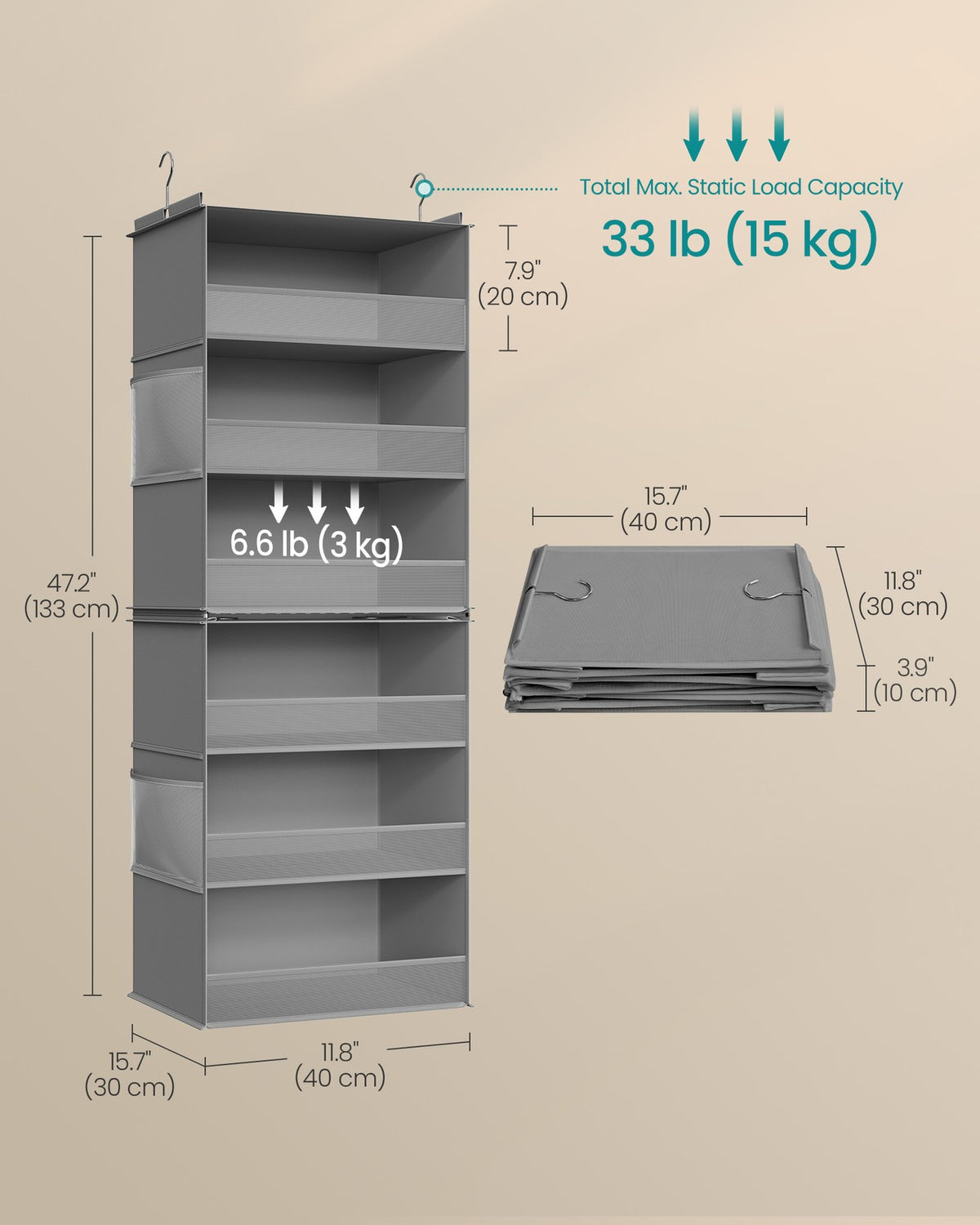 Set of 2 Hanging Closet Organizers, 6-Tier Fabric Storage Shelf, Separable Closet Hanging Shelf with Side Pockets, Foldable, Metal Hooks and Bamboo Inserts, Dove Gray