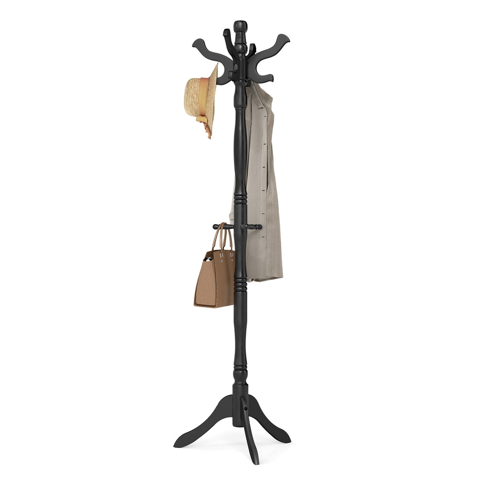 Coat Rack Free Standing with 11 Hooks, Wooden Hall Tree with Solid Rubberwood Base - Ink Black