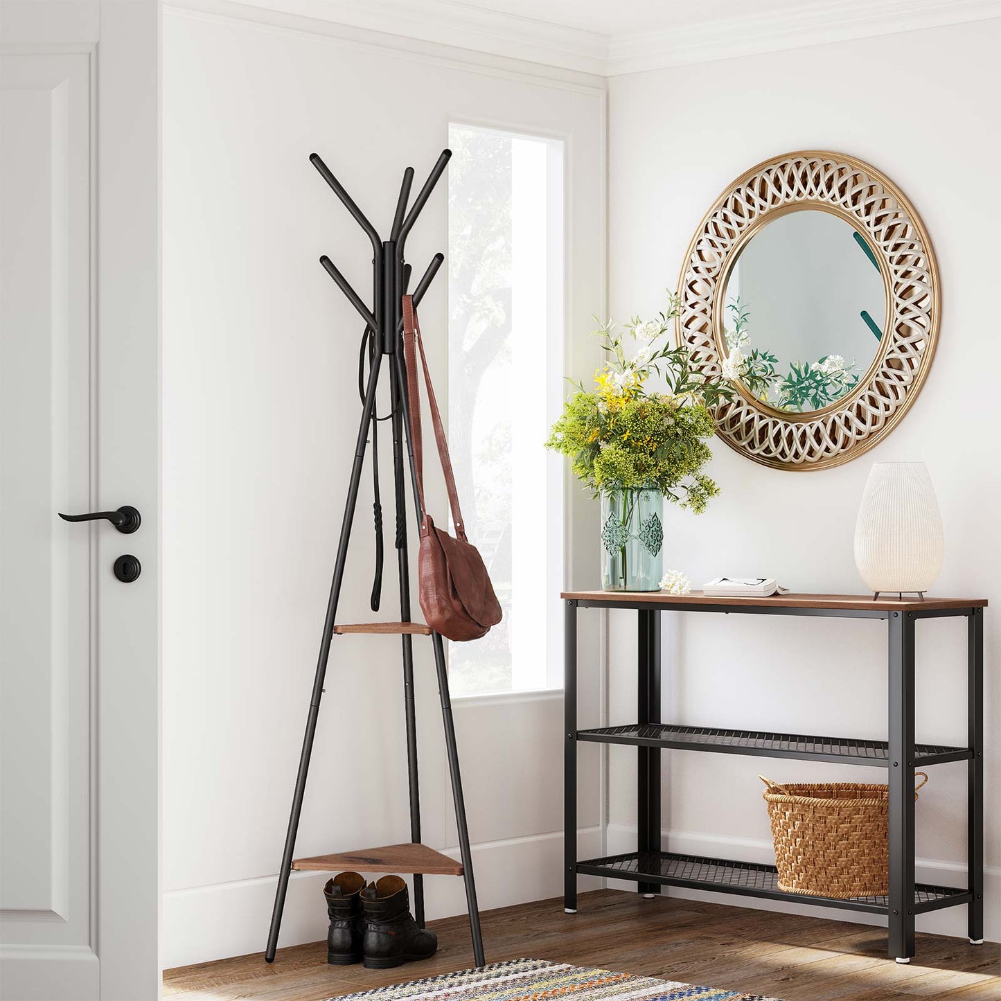 Coat Hanger Stand, Hall Tree with 2 Shelves