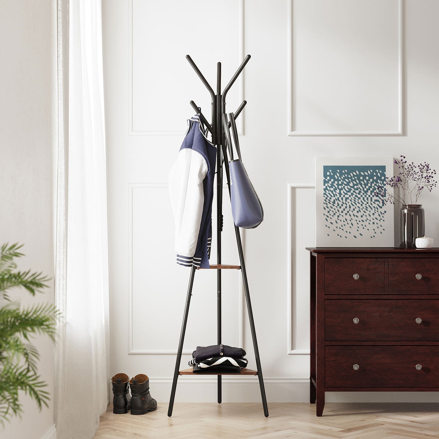 Coat Hanger Stand, Hall Tree with 2 Shelves