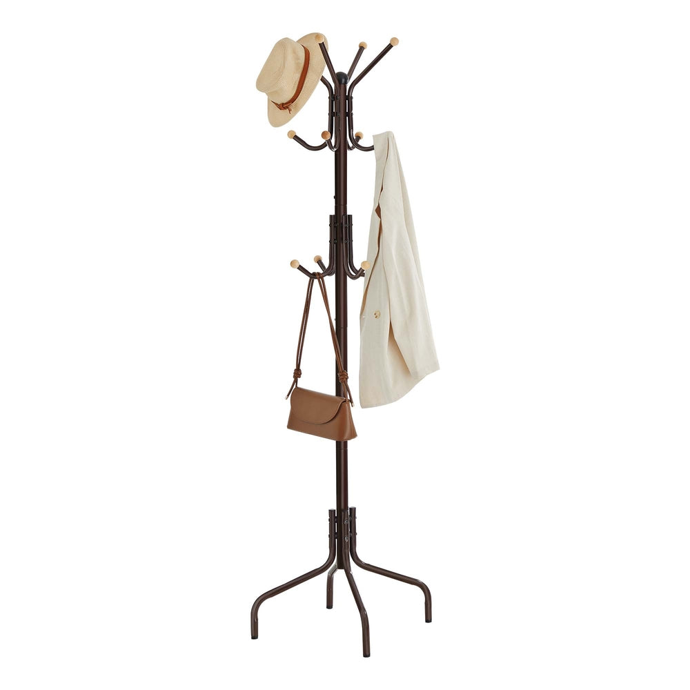 Coat Rack Freestanding with 12 Hooks and 4 Legs - Coffee Brown